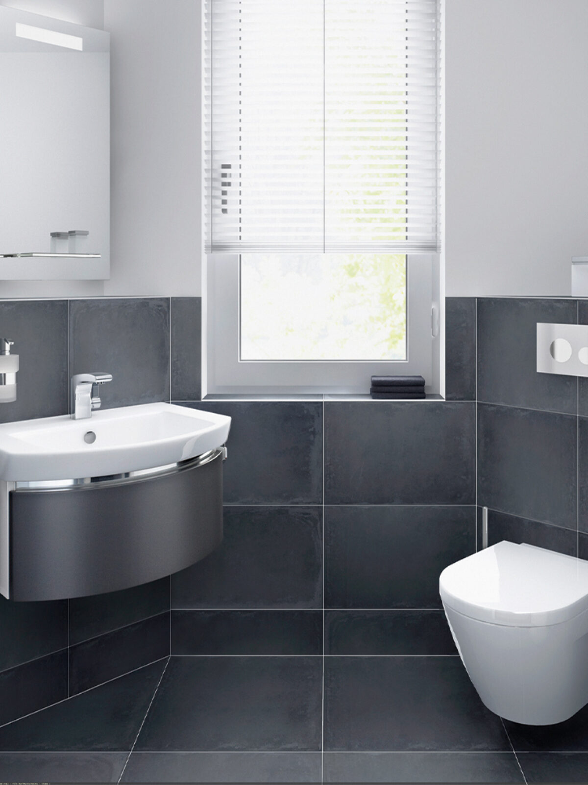 Modernes graues Badezimmer, dass links eine Waschbecken mit Spiegel zeigt. In der mitte ein Fenster und auf der rechten Seite ein WC.
